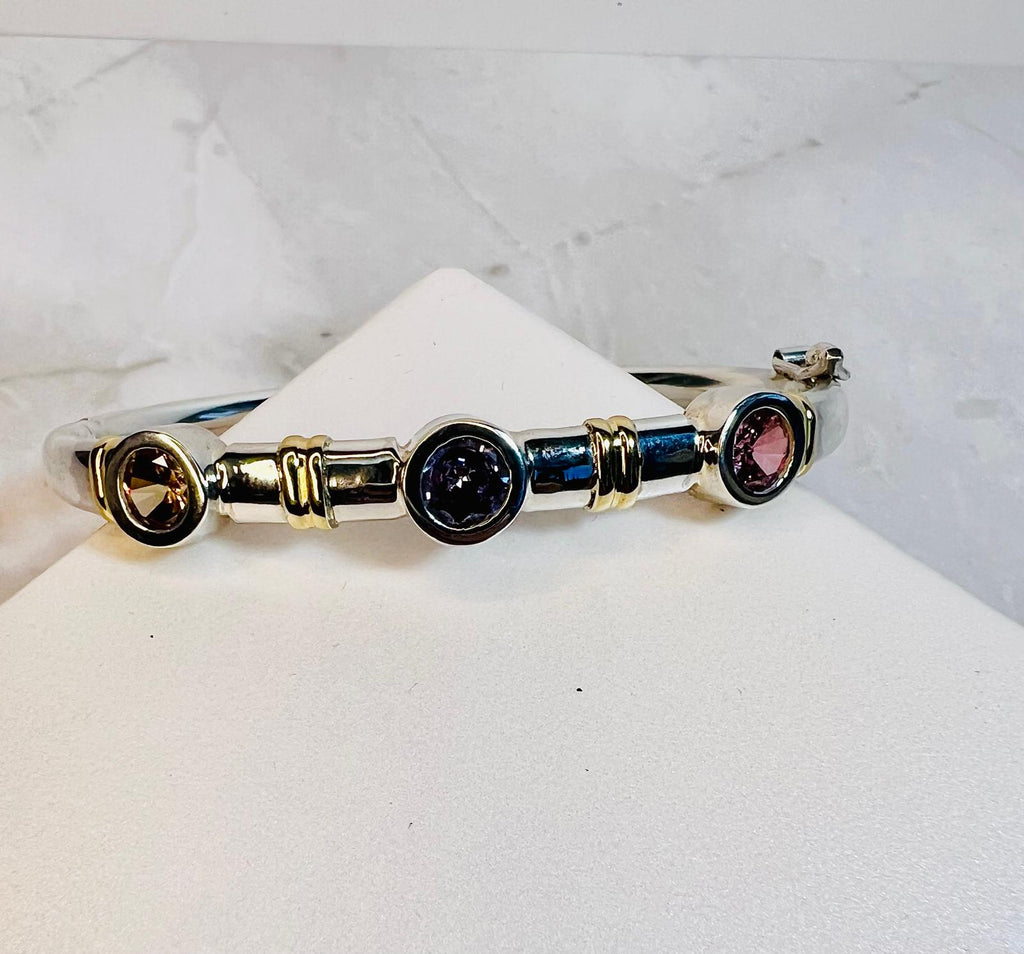 Luxury 950 Silver & 18K Gold Gemstone Bracelet – Amethyst, Topaz & Pink Zircon