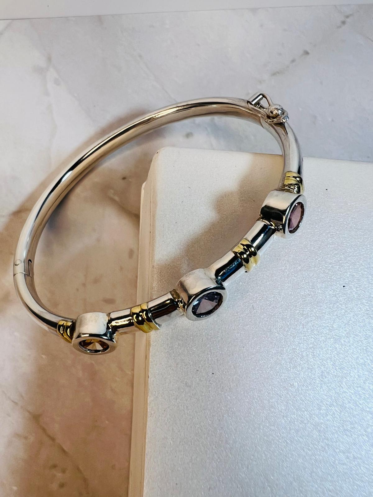 Luxury 950 Silver & 18K Gold Gemstone Bracelet – Amethyst, Topaz & Pink Zircon