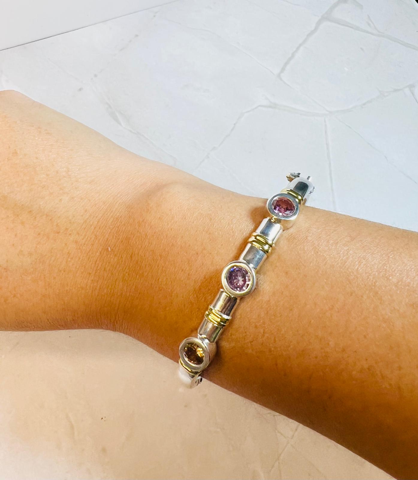 Luxury 950 Silver & 18K Gold Gemstone Bracelet – Amethyst, Topaz & Pink Zircon
