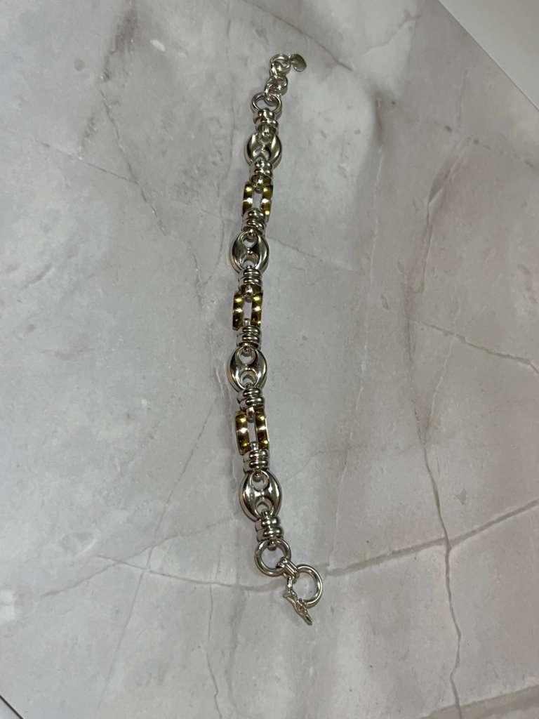 Textured Barrel Link Design - 950 Silver Bracelet with 18K Gold Accents