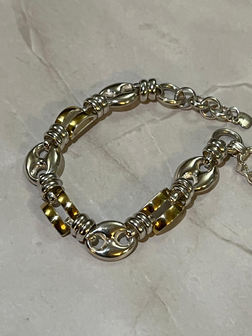 Textured Barrel Link Design - 950 Silver Bracelet with 18K Gold Accents